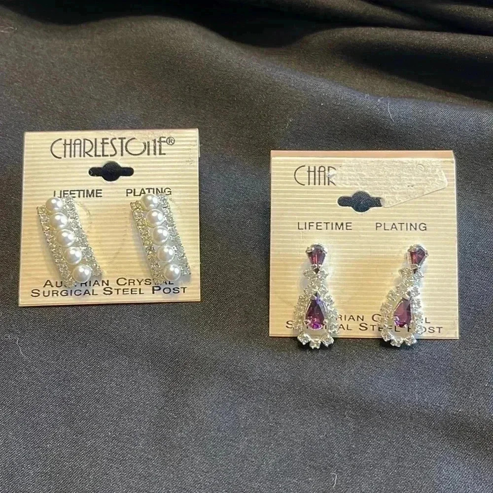 2 pairs VTG Charlestone Austrian Crystal Surgical Steel Post Earrings - NEW-